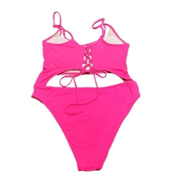 Meyeeka Front Cut Out Lace Up Back Hot Pink Swimsuit, Size L, NWT - Picture 8 of 10